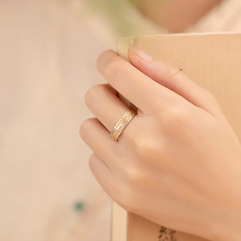 Anillo del Sutra del Corazón de 999 Plata Esterlina Bañado en Oro con Patrón de Flor Alegre Buddha Stone - image 4