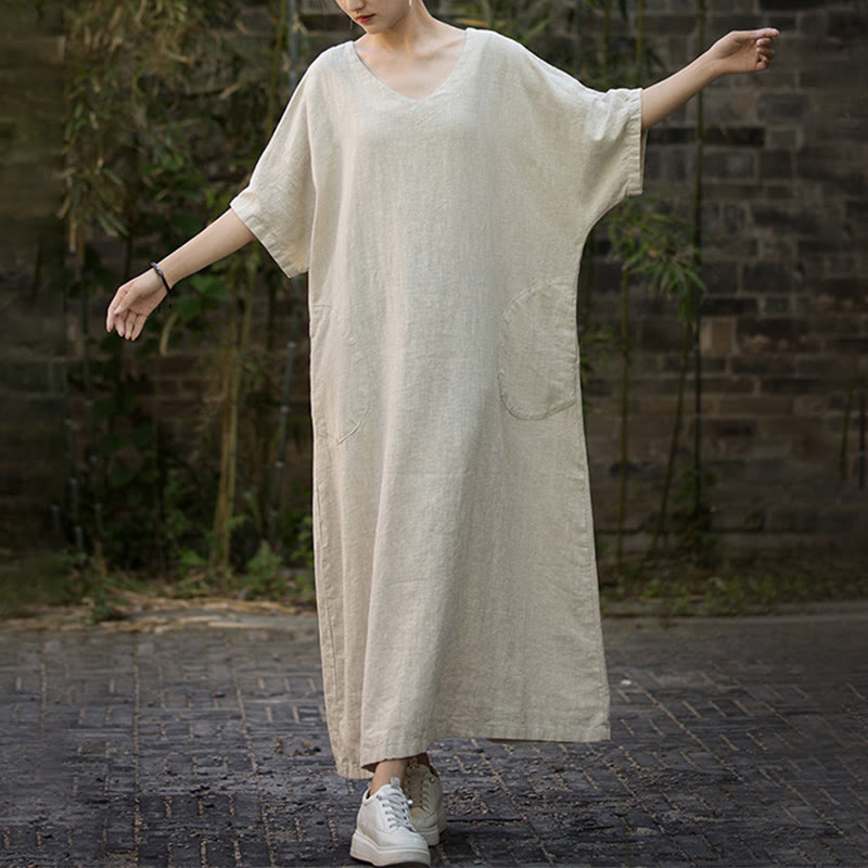 Buddha Stones Vestido midi de color sólido con cuello en V, manga media de ramio y lino con bolsillos - image 1
