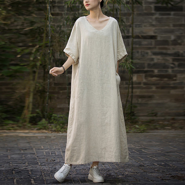 Buddha Stones Vestido midi de color sólido con cuello en V, manga media de ramio y lino con bolsillos