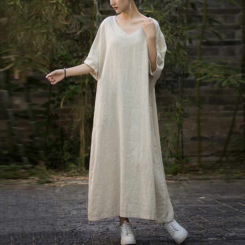Buddha Stones Vestido midi de color sólido con cuello en V, manga media de ramio y lino con bolsillos - image 9