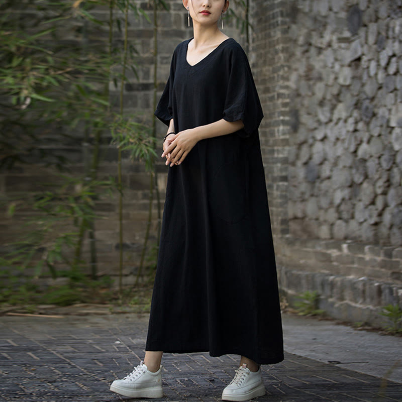 Buddha Stones Vestido midi de color sólido con cuello en V, manga media de ramio y lino con bolsillos - image 14