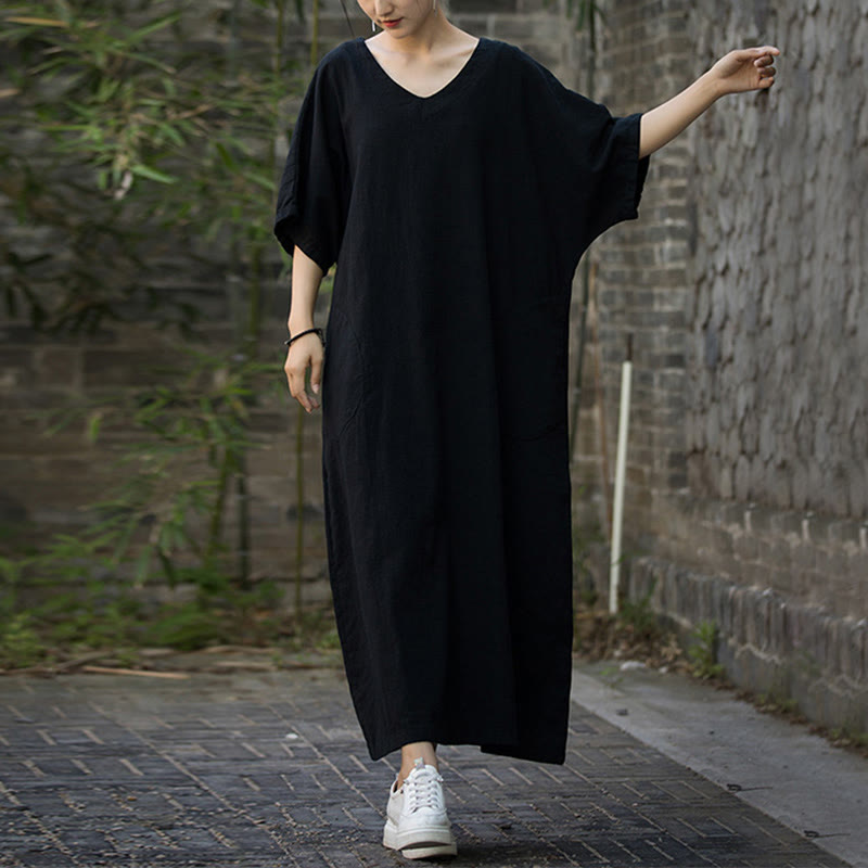 Buddha Stones Vestido midi de color sólido con cuello en V, manga media de ramio y lino con bolsillos - image 11