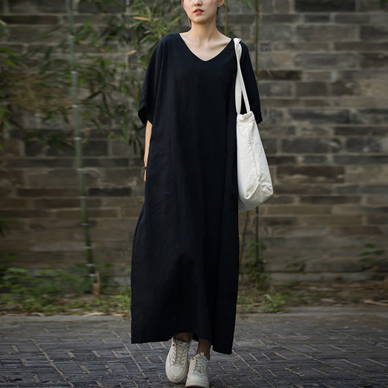 Buddha Stones Vestido midi de color sólido con cuello en V, manga media de ramio y lino con bolsillos - Negro - F (Apto para US4-14; UK/AU8-18; EU36-46) - image 10