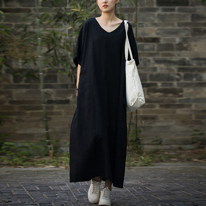 Buddha Stones Vestido midi de color sólido con cuello en V, manga media de ramio y lino con bolsillos - Negro - F (Apto para US4-14; UK/AU8-18; EU36-46) - image 10