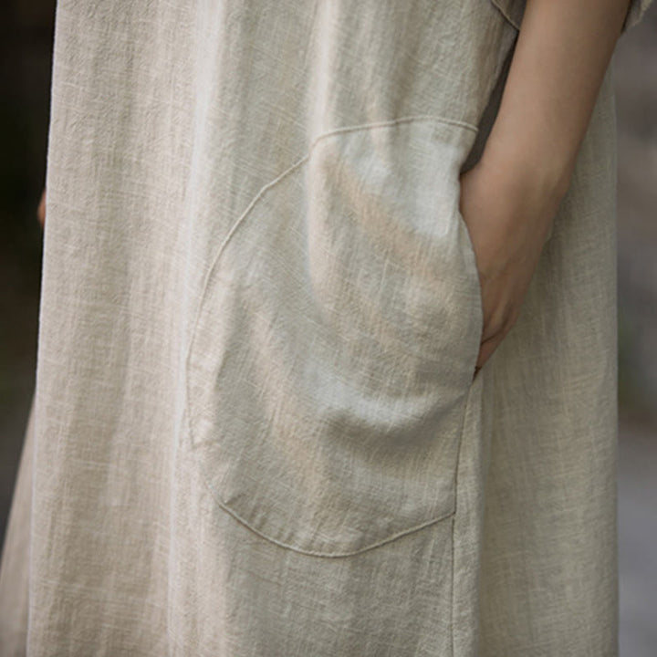 Buddha Stones Vestido midi de color sólido con cuello en V, manga media de ramio y lino con bolsillos - image 4