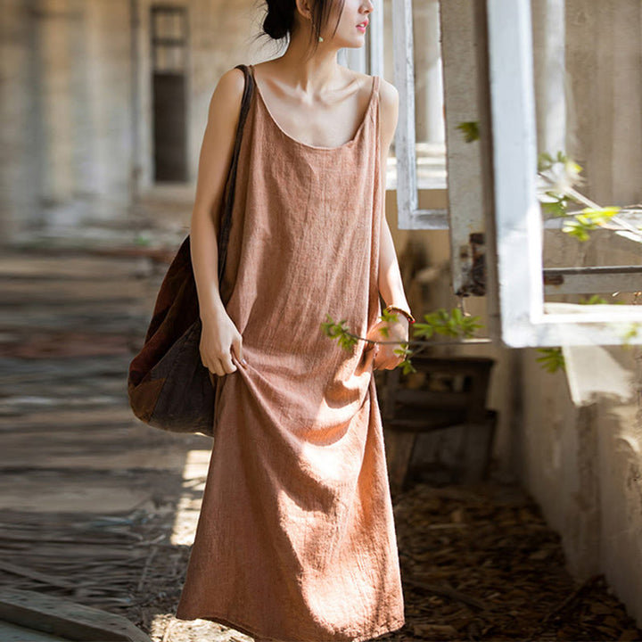 Buddha Stones Vestido midi veraniego de lino con bandolera de espagueti hecho a mano con teñido anudado - image 13