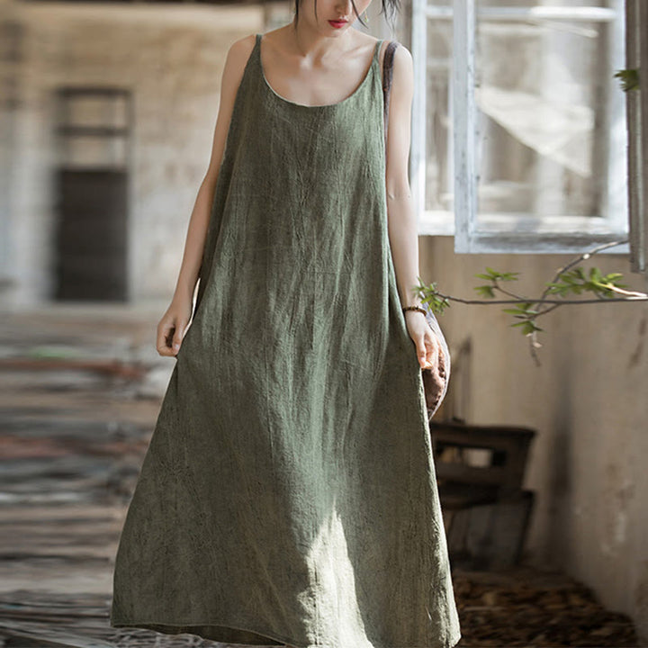 Buddha Stones Vestido midi veraniego de lino con bandolera de espagueti hecho a mano con teñido anudado - Verde oliva - F (Apto para US4-8/10; UK/AU8-12/14; UE 36-40/42) - image 6
