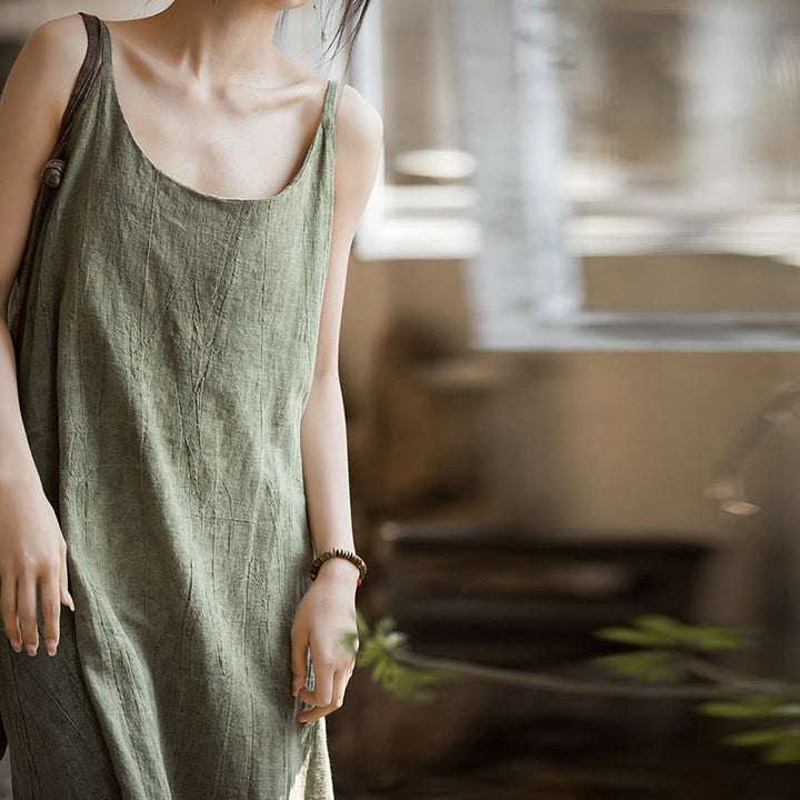 Buddha Stones Vestido midi veraniego de lino con bandolera de espagueti hecho a mano con teñido anudado - image 8