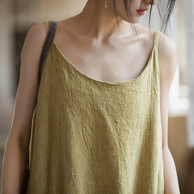 Buddha Stones Vestido midi veraniego de lino con bandolera de espagueti hecho a mano con teñido anudado - image 4