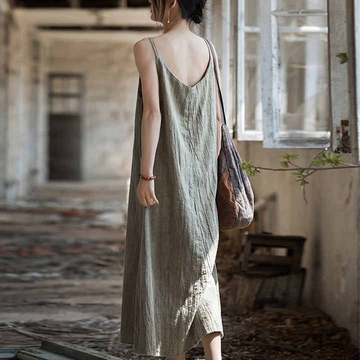 Buddha Stones Vestido midi veraniego de lino con bandolera de espagueti hecho a mano con teñido anudado - image 19