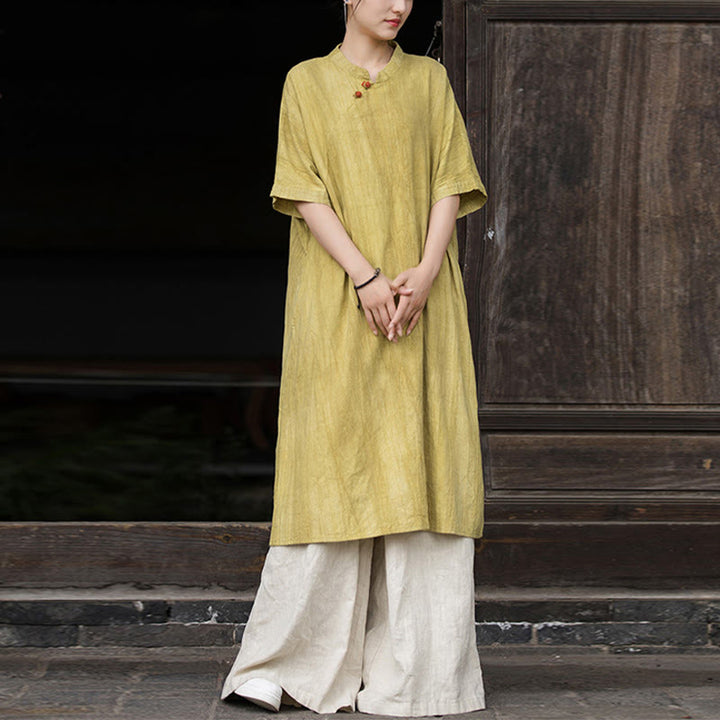 Vestido midi de lino y ramio teñido a mano Buddha Stones, pantalones de pierna ancha con bolsillos - Vestido amarillo y pantalones caqui - US4-6, UK/AU8-10, EU36-38 (F) - image 5