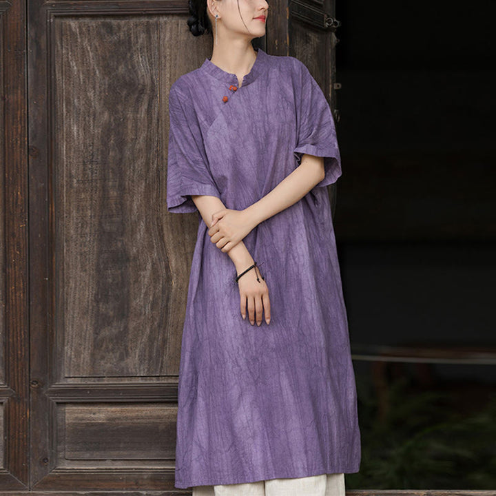 Vestido de mujer de manga corta, por debajo de la rodilla, con bolsillos, de lino ramio teñido con la técnica tie-dye, con estampado de Buddha Stones. - Vestido morado (solo vestido) - US4-6, UK/AU8-10, EU36-38 (F) - image 1
