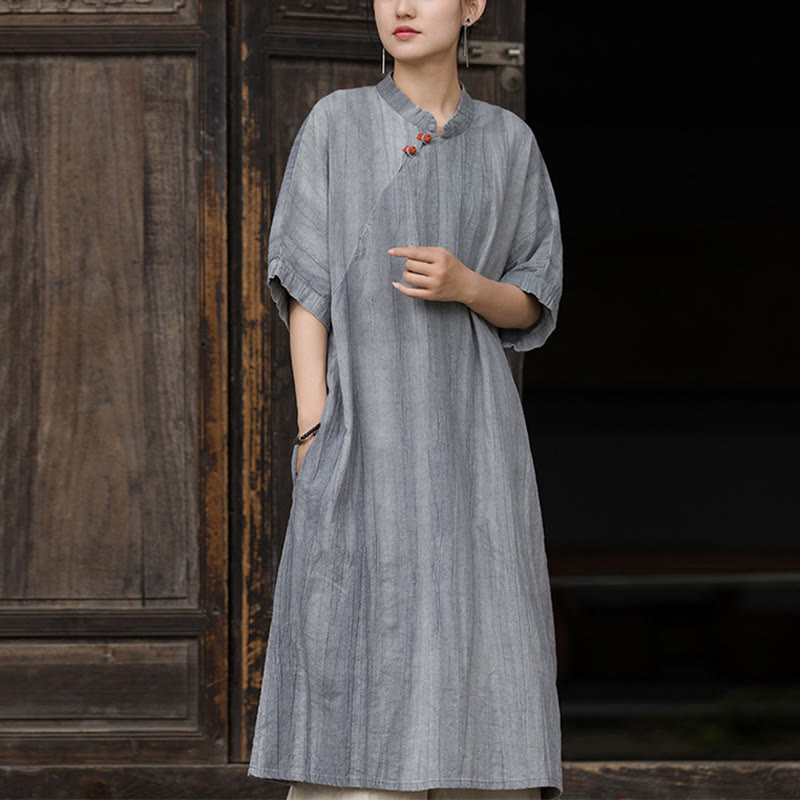 Vestido de mujer de manga corta, por debajo de la rodilla, con bolsillos, de lino ramio teñido con la técnica tie-dye, con estampado de Buddha Stones. - Vestido gris (solo vestido) - US4-6, UK/AU8-10, EU36-38 (F) - image 14