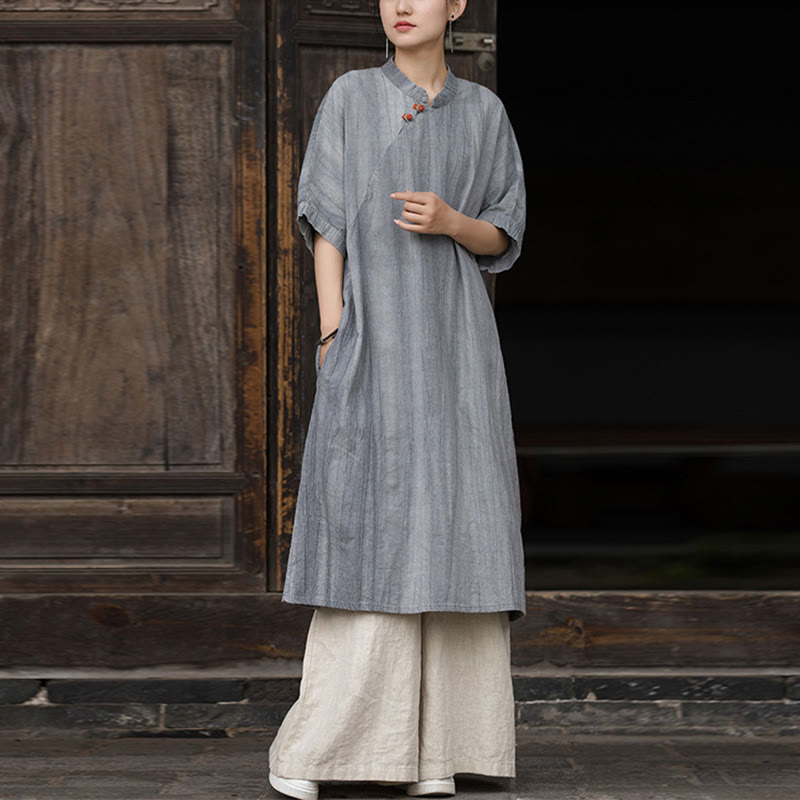 Vestido midi de lino y ramio teñido a mano Buddha Stones, pantalones de pierna ancha con bolsillos - Vestido gris y pantalones caqui - US4-6, UK/AU8-10, EU36-38 (F) - image 12