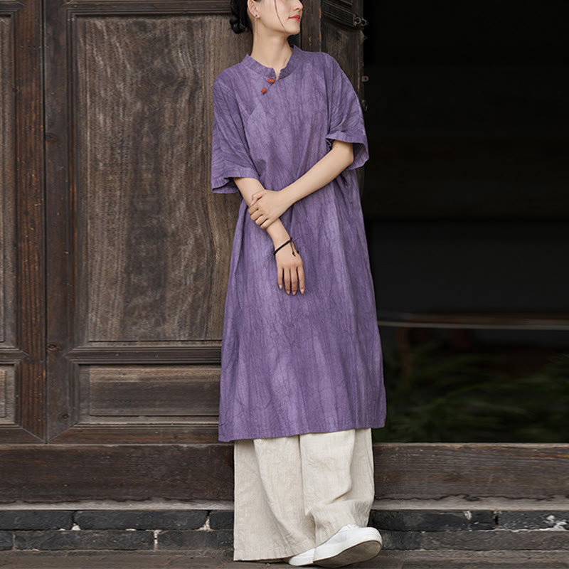 Vestido midi de lino y ramio teñido a mano Buddha Stones, pantalones de pierna ancha con bolsillos - Vestido morado y pantalones caqui - US4-6, UK/AU8-10, EU36-38 (F) - image 0