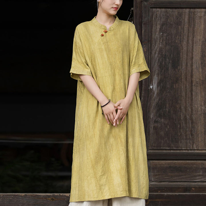 Vestido de mujer de manga corta, por debajo de la rodilla, con bolsillos, de lino ramio teñido con la técnica tie-dye, con estampado de Buddha Stones. - Vestido amarillo (solo vestido) - US4-6, UK/AU8-10, EU36-38 (F) - image 7