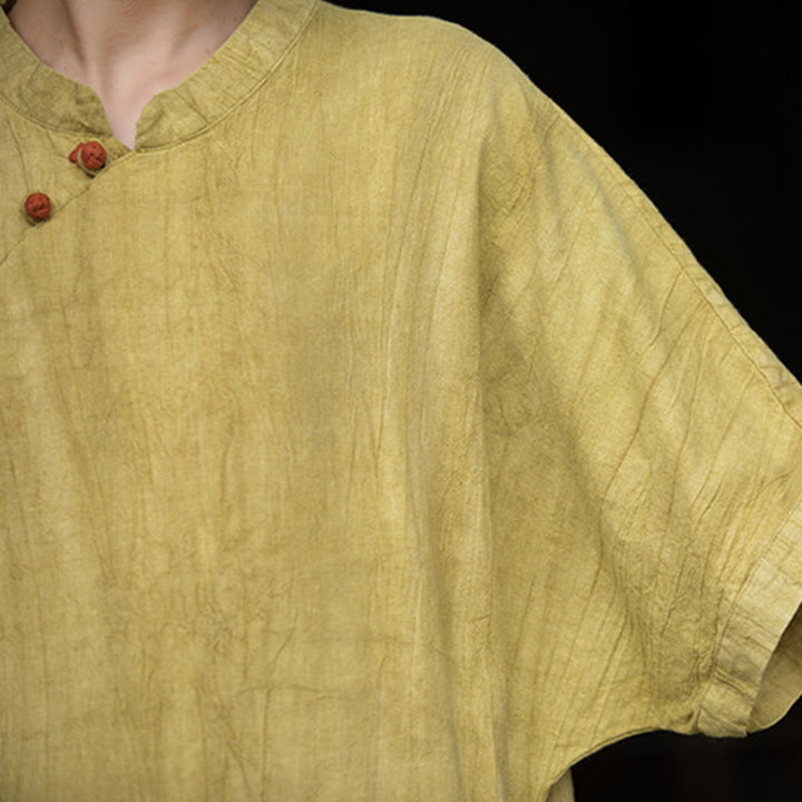 Vestido de mujer de manga corta, por debajo de la rodilla, con bolsillos, de lino ramio teñido con la técnica tie-dye, con estampado de Buddha Stones. - image 9