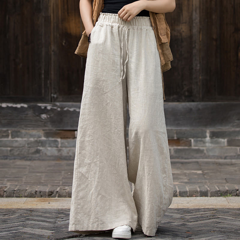 Vestido midi de lino y ramio teñido a mano Buddha Stones, pantalones de pierna ancha con bolsillos - Pantalones caqui - US4-6, UK/AU8-10, EU36-38 (F) - image 18