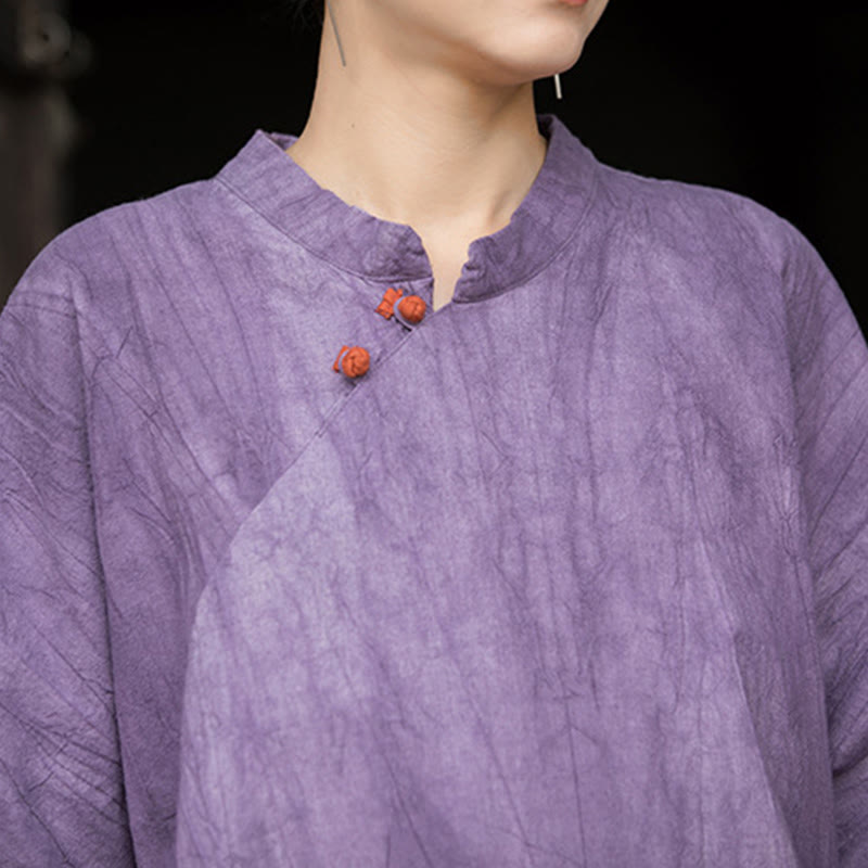 Vestido de mujer de manga corta, por debajo de la rodilla, con bolsillos, de lino ramio teñido con la técnica tie-dye, con estampado de Buddha Stones. - image 2