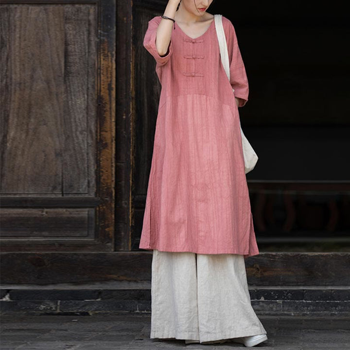 Buddha Stones Vestido Midi de Lino hecho a mano con botones de rana y teñido anudado Pantalones de Pierna Ancha con Bolsillos - Vestido rosa y pantalones caqui - US4-8/10, UK/AU8-12/14, EU36-40/42 (F) - image 13