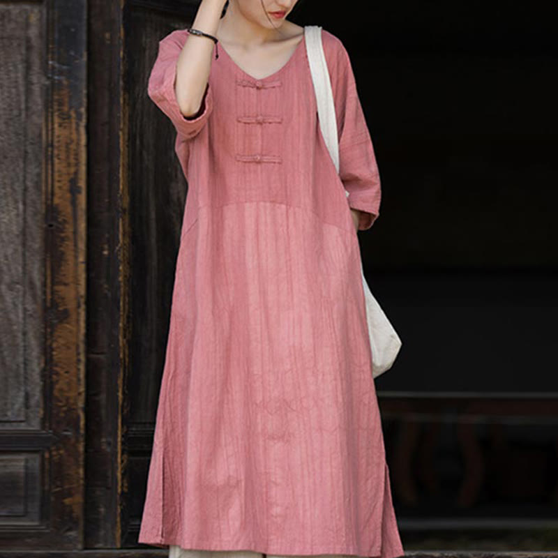 Buddha Stones Vestido Midi de Lino hecho a mano con botones de rana y teñido anudado Pantalones de Pierna Ancha con Bolsillos - Vestido rosa (solo vestido) - US4-8/10, UK/AU8-12/14, EU36-40/42 (F) - image 19