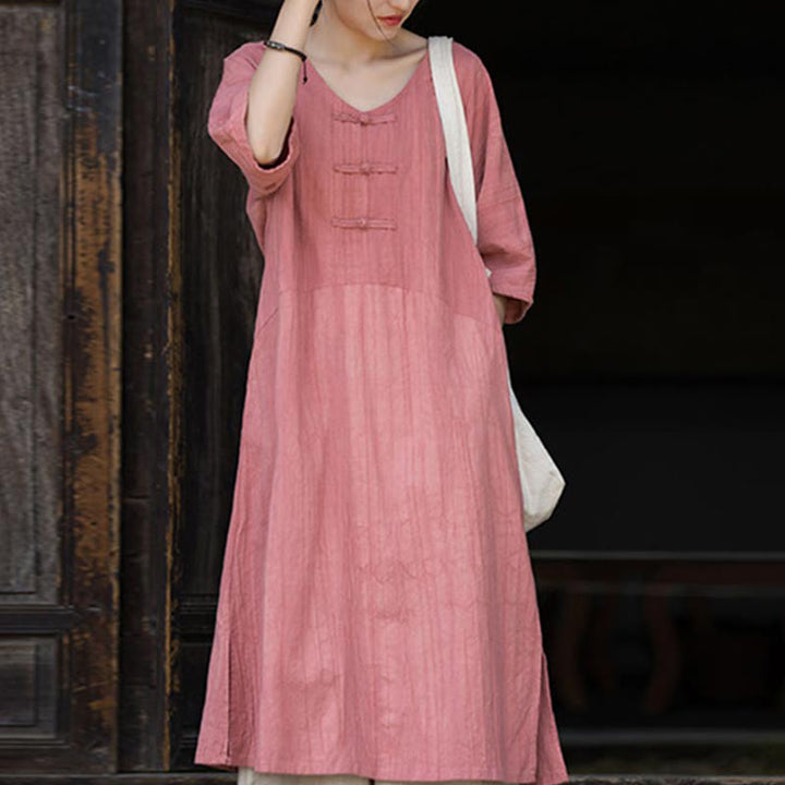 Buddha Stones Vestido Midi de Lino hecho a mano con botones de rana y teñido anudado Pantalones de Pierna Ancha con Bolsillos - Vestido rosa (solo vestido) - US4-8/10, UK/AU8-12/14, EU36-40/42 (F) - image 19