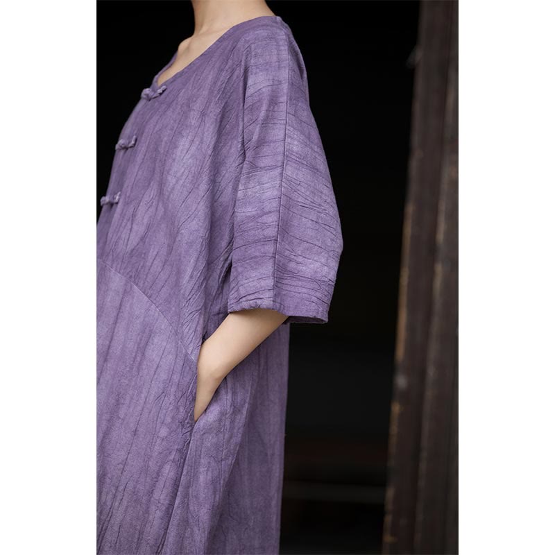 Buddha Stones Vestido Midi de Lino hecho a mano con botones de rana y teñido anudado Pantalones de Pierna Ancha con Bolsillos - image 12