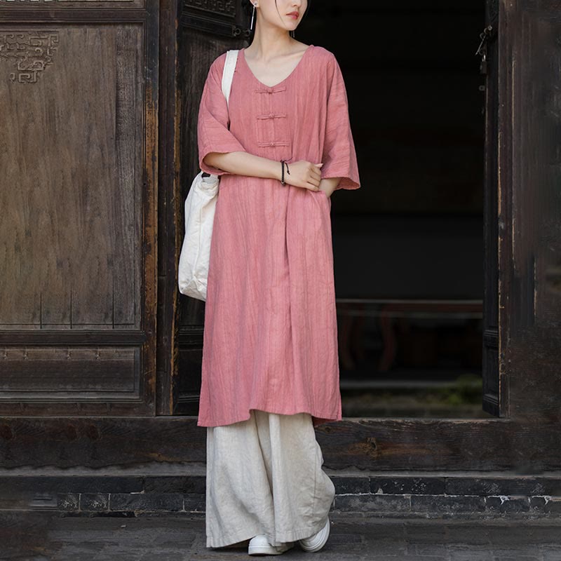 Buddha Stones Vestido Midi de Lino hecho a mano con botones de rana y teñido anudado Pantalones de Pierna Ancha con Bolsillos - image 17