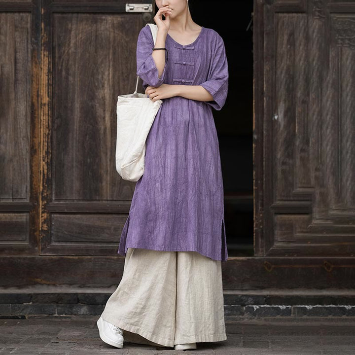 Buddha Stones Vestido Midi de Lino hecho a mano con botones de rana y teñido anudado Pantalones de Pierna Ancha con Bolsillos - image 4