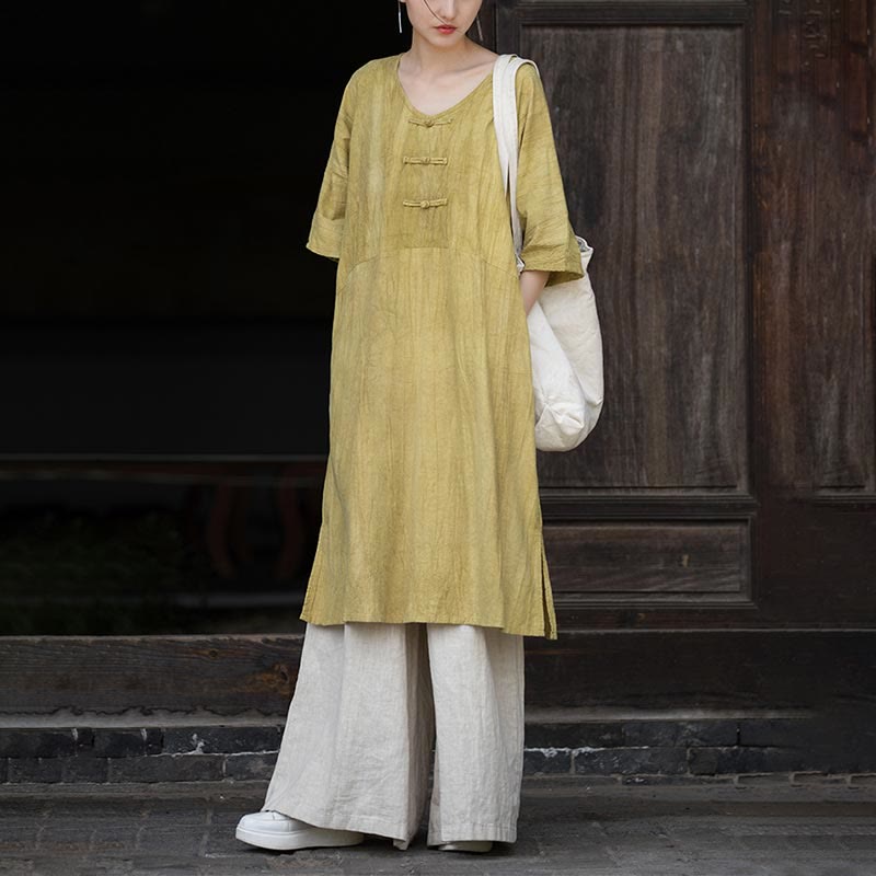 Buddha Stones Vestido Midi de Lino hecho a mano con botones de rana y teñido anudado Pantalones de Pierna Ancha con Bolsillos - image 27