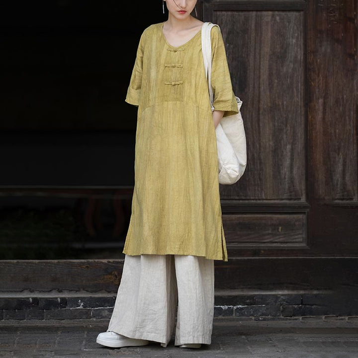 Buddha Stones Vestido Midi de Lino hecho a mano con botones de rana y teñido anudado Pantalones de Pierna Ancha con Bolsillos - image 27