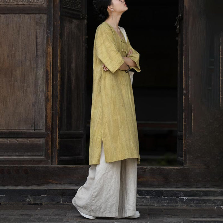 Buddha Stones Vestido Midi de Lino hecho a mano con botones de rana y teñido anudado Pantalones de Pierna Ancha con Bolsillos - image 25