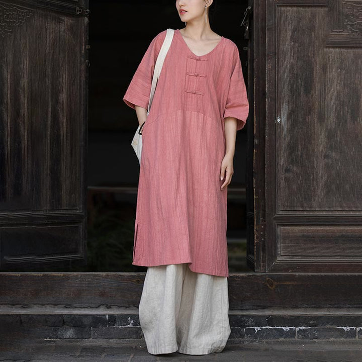 Buddha Stones Vestido Midi de Lino hecho a mano con botones de rana y teñido anudado Pantalones de Pierna Ancha con Bolsillos - image 14