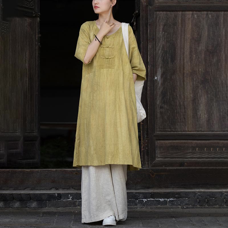 Buddha Stones Vestido Midi de Lino hecho a mano con botones de rana y teñido anudado Pantalones de Pierna Ancha con Bolsillos - Vestido amarillo y pantalones caqui - US4-8/10, UK/AU8-12/14, EU36-40/42 (F) - image 23