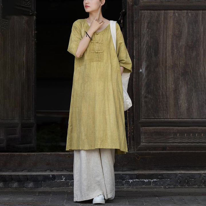 Buddha Stones Vestido Midi de Lino hecho a mano con botones de rana y teñido anudado Pantalones de Pierna Ancha con Bolsillos - Vestido amarillo y pantalones caqui - US4-8/10, UK/AU8-12/14, EU36-40/42 (F) - image 23