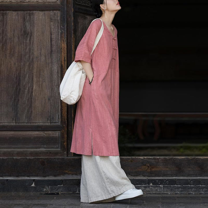 Buddha Stones Vestido Midi de Lino hecho a mano con botones de rana y teñido anudado Pantalones de Pierna Ancha con Bolsillos - image 15