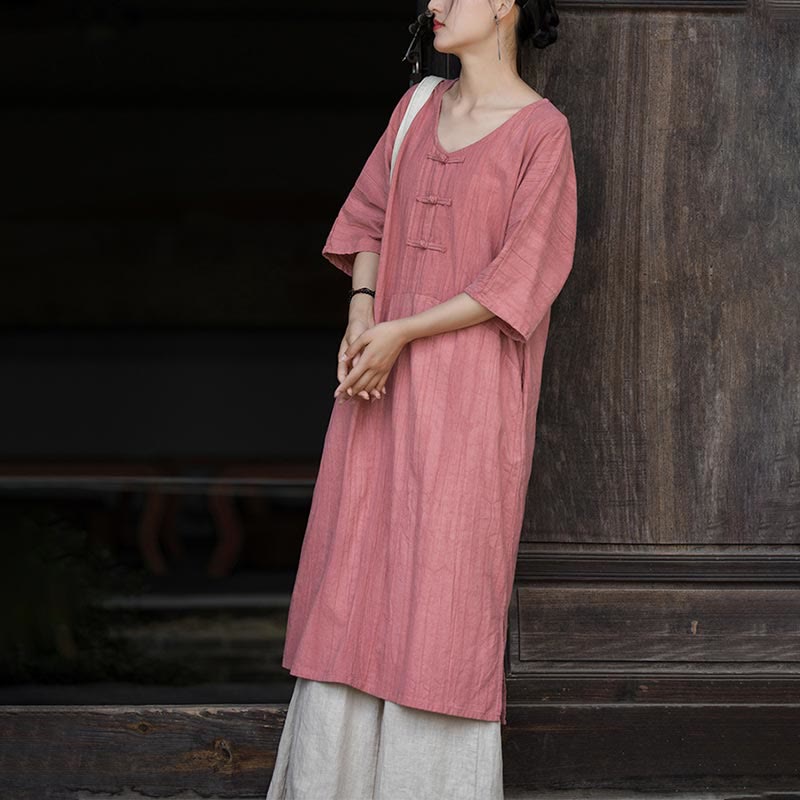 Buddha Stones Vestido Midi de Lino hecho a mano con botones de rana y teñido anudado Pantalones de Pierna Ancha con Bolsillos - image 18