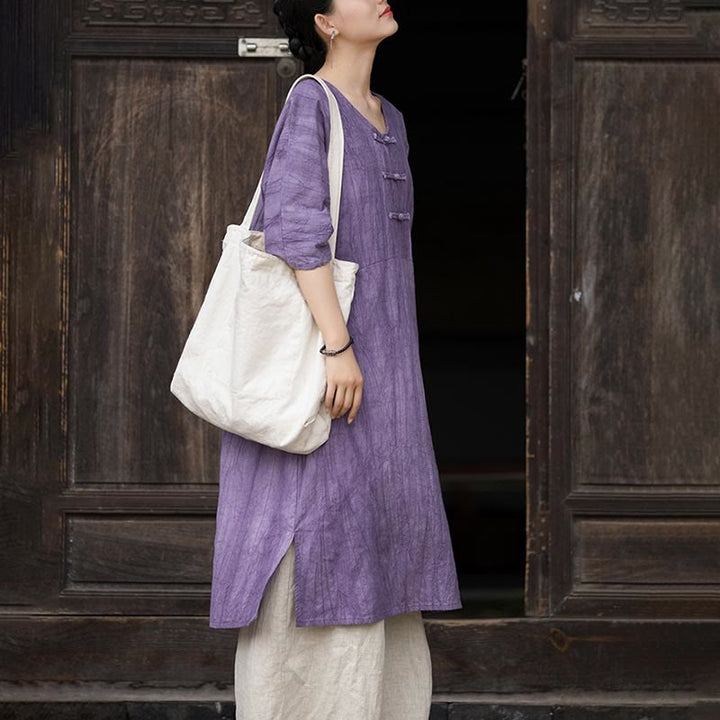 Buddha Stones Vestido Midi de Lino hecho a mano con botones de rana y teñido anudado Pantalones de Pierna Ancha con Bolsillos - image 8