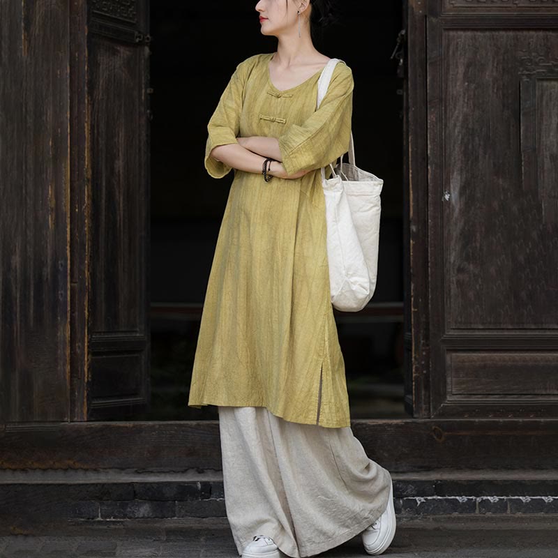 Buddha Stones Vestido Midi de Lino hecho a mano con botones de rana y teñido anudado Pantalones de Pierna Ancha con Bolsillos - image 26