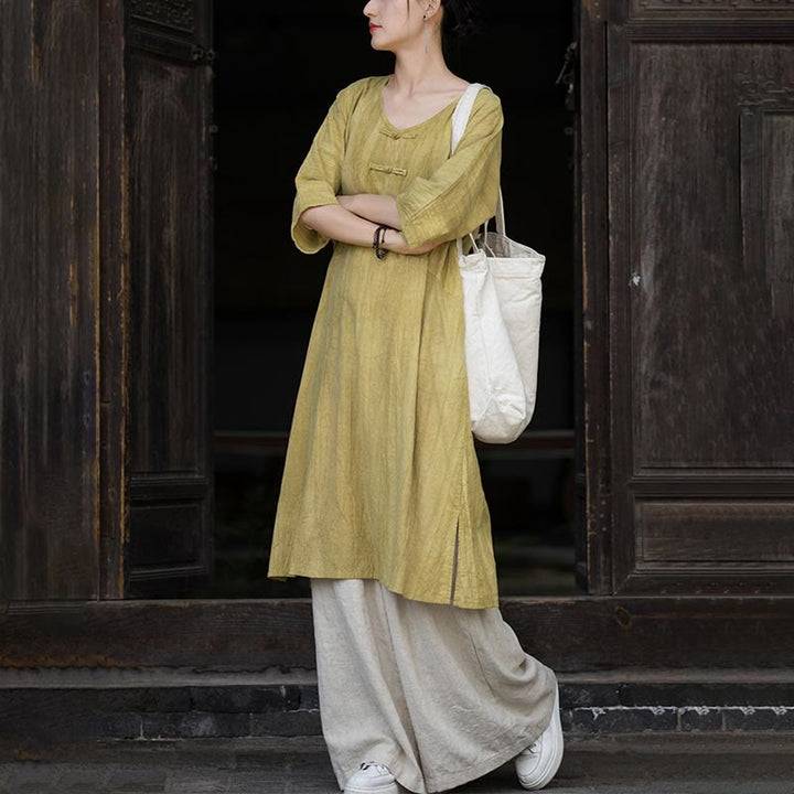 Buddha Stones Vestido Midi de Lino hecho a mano con botones de rana y teñido anudado Pantalones de Pierna Ancha con Bolsillos - image 26