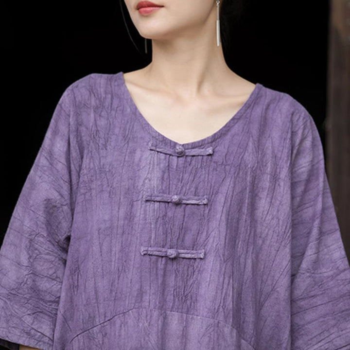 Buddha Stones Vestido Midi de Lino hecho a mano con botones de rana y teñido anudado Pantalones de Pierna Ancha con Bolsillos - image 10