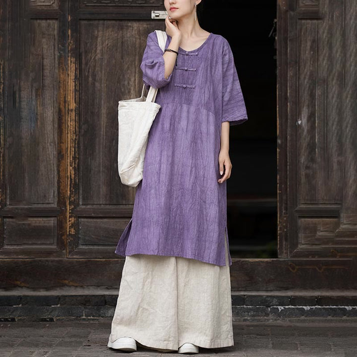 Buddha Stones Vestido Midi de Lino hecho a mano con botones de rana y teñido anudado Pantalones de Pierna Ancha con Bolsillos - image 1