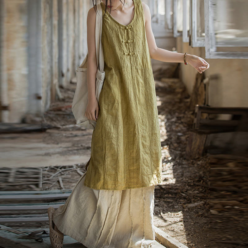 Buddha Stones Cami sin mangas con botones de rana y vestido midi Pantalones anchos de lino y ramio con bolsillos - Vestido amarillo y pantalones beige - US4-8/10, UK/AU8-12/14, EU36-40/42 (F) - image 0