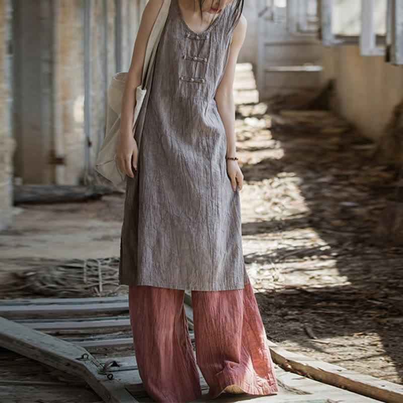 Buddha Stones Cami sin mangas con botones de rana y vestido midi Pantalones anchos de lino y ramio con bolsillos - Vestido de cardo y pantalones rojos - US4-8/10, UK/AU8-12/14, EU36-40/42 (F) - image 26