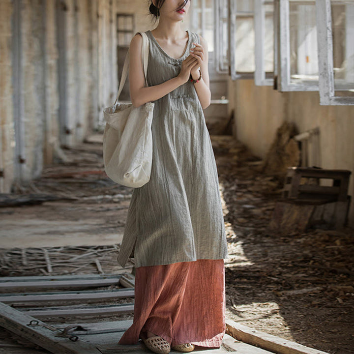Vestido de lino ramio sin mangas hasta la rodilla con bolsillos y botones de rana, estampado de Buddha Stones. - Vestido de lino y pantalones rojos - US4-8/10, UK/AU8-12/14, EU36-40/42 (F) - image 11
