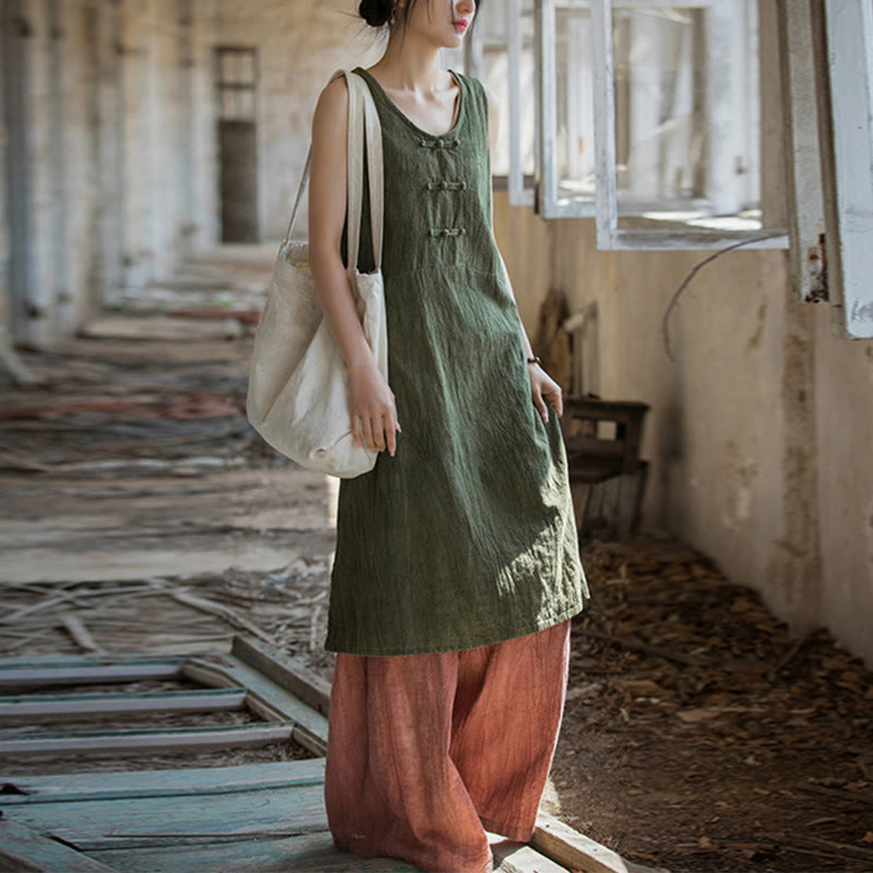 Buddha Stones Cami sin mangas con botones de rana y vestido midi Pantalones anchos de lino y ramio con bolsillos - Vestido verde mar oscuro y pantalones rojos - US4-8/10, UK/AU8-12/14, EU36-40/42 (F) - image 18