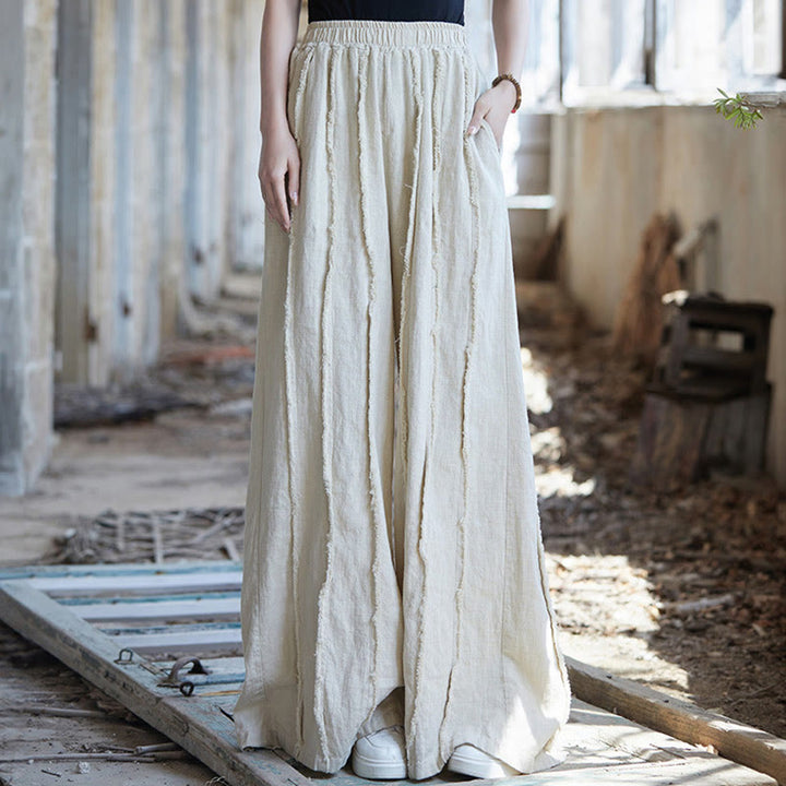 Buddha Stones Cami sin mangas con botones de rana y vestido midi Pantalones anchos de lino y ramio con bolsillos - Pantalones beige - US4-8/10, UK/AU8-12/14, EU36-40/42 (F) - image 34