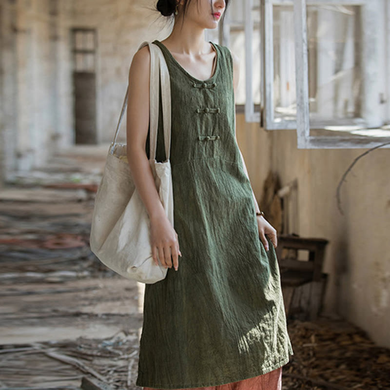 Buddha Stones Cami sin mangas con botones de rana y vestido midi Pantalones anchos de lino y ramio con bolsillos - Vestido verde mar oscuro (solo vestido) - US4-8/10, UK/AU8-12/14, EU36-40/42 (F) - image 23