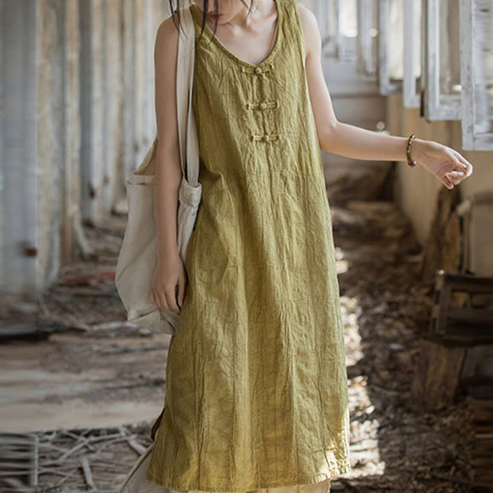 Buddha Stones Cami sin mangas con botones de rana y vestido midi Pantalones anchos de lino y ramio con bolsillos - Vestido amarillo (solo vestido) - US4-8/10, UK/AU8-12/14, EU36-40/42 (F) - image 7