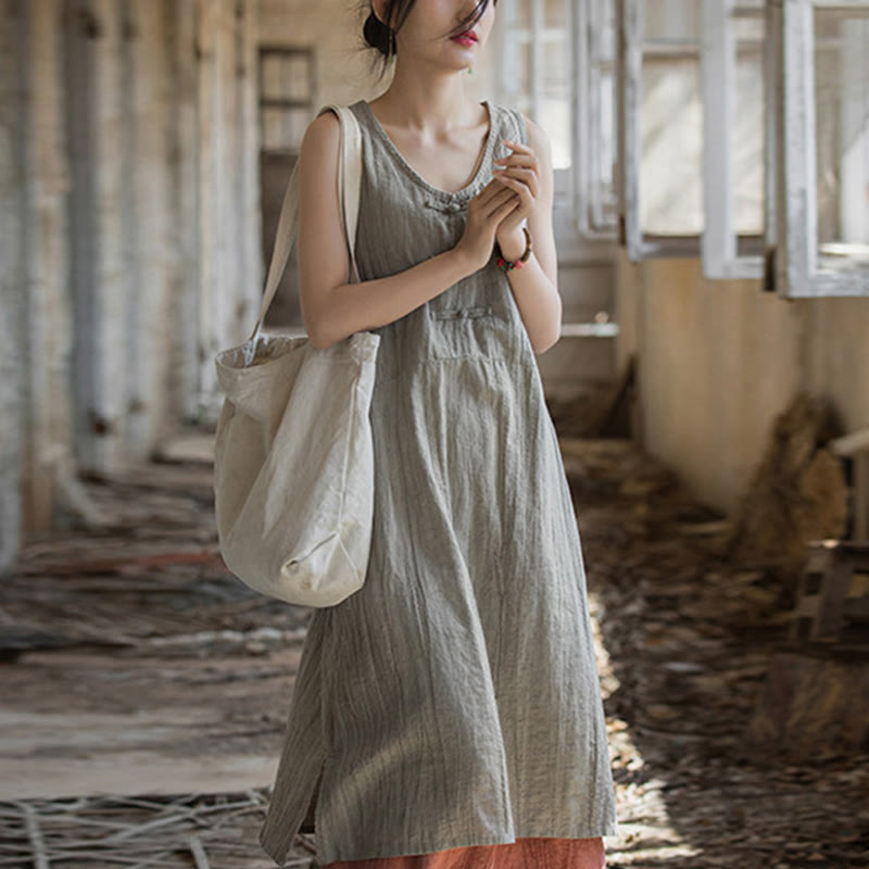Buddha Stones Cami sin mangas con botones de rana y vestido midi Pantalones anchos de lino y ramio con bolsillos - Vestido de lino (solo vestido) - US4-8/10, UK/AU8-12/14, EU36-40/42 (F) - image 14